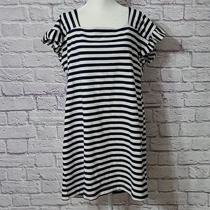 Free Assembly Square Neck  Navy Blue Striped, Ruffle Sleeve Dress Large NWT